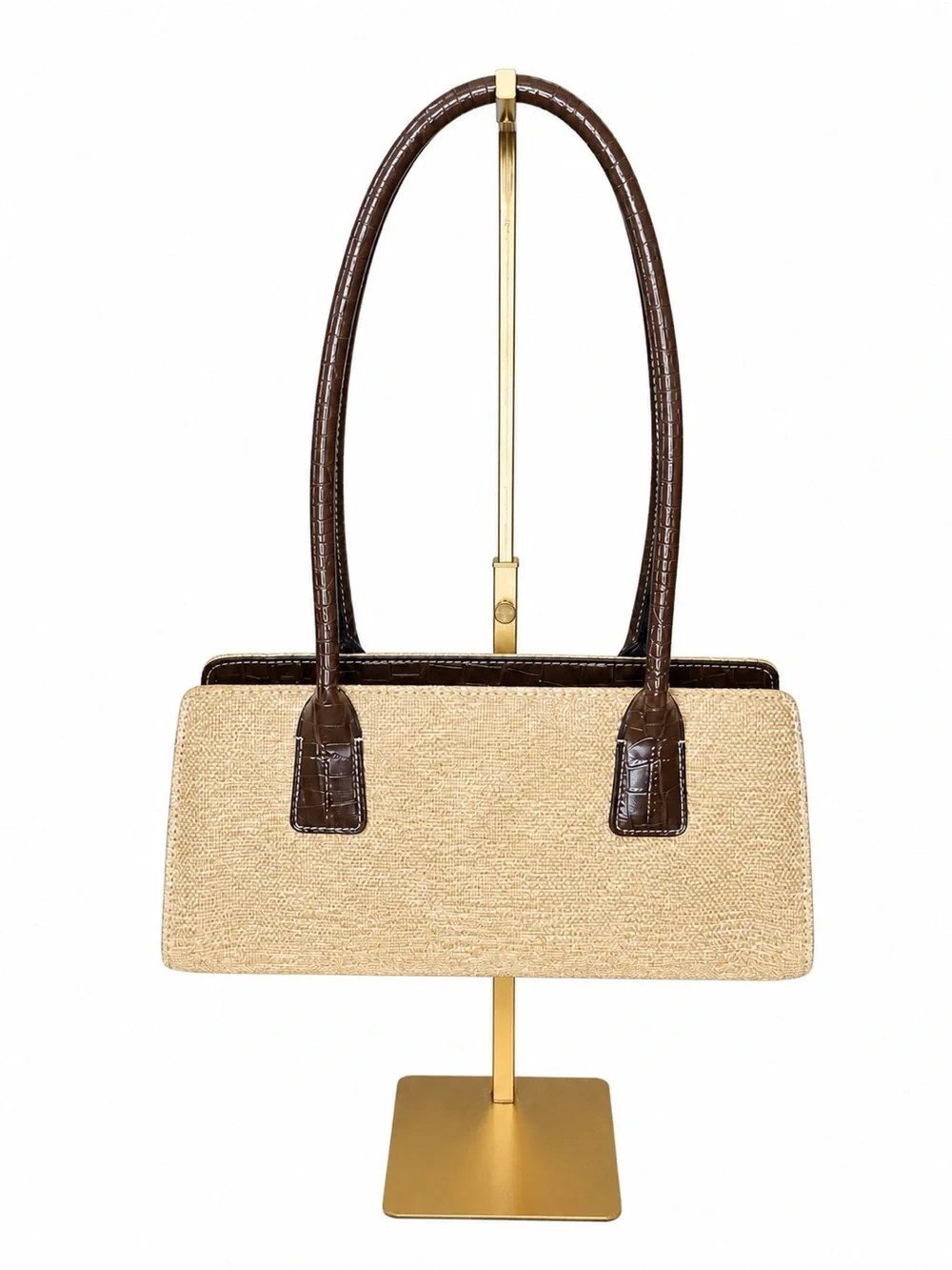 Tommy Hilfiger Straw Tote Brown Croc Embossed Leather Trim Shoulder Bag - Picture 2 of 12